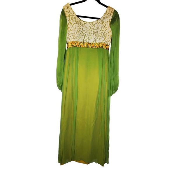 Vintage Dresses & Skirts - Vintage 60s 70s S Bright Green Sheer Prom Dress Lace Empire Waist Floral Fairy